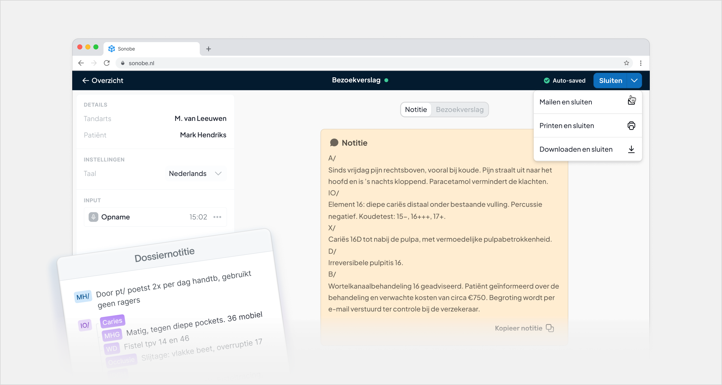 Sonobe website and dashboard, listening during a dental consultation and generating a structured note